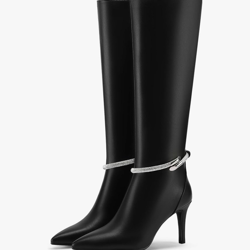 Knee High Boots Sparkly Rhinestone Side Zipper Heels Boots